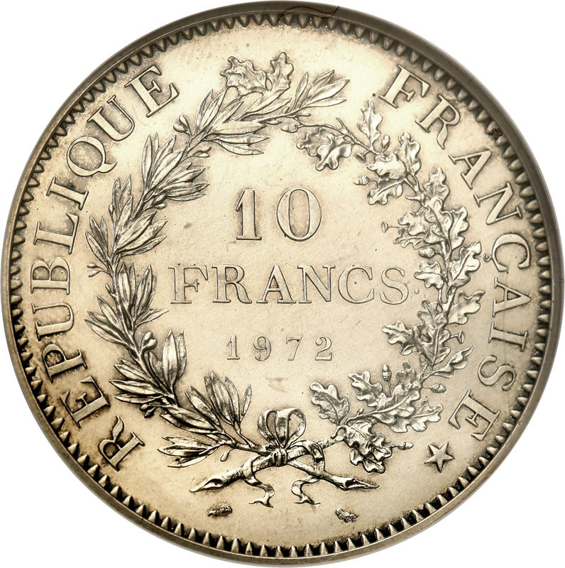 Francja. 10 franków 1972 Piedfort (Piefort) NGC PF63